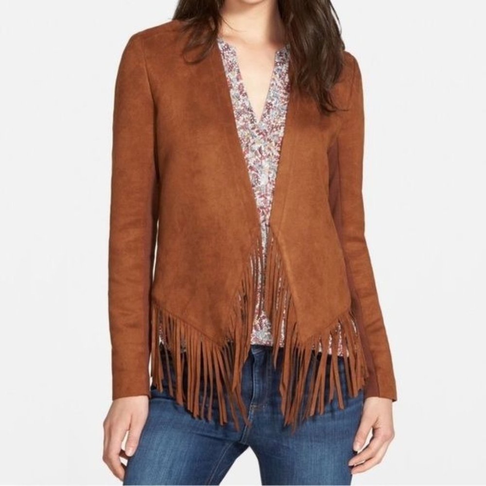 HINGE Faux Suede Fringe Trim Open Front Boho Western Jacket in Brown Size Medium